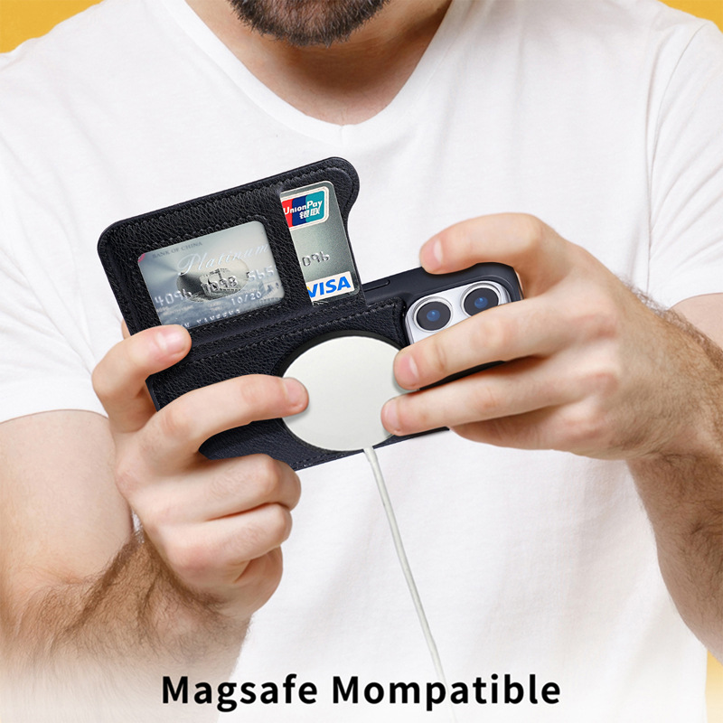 For Magsafe Magnetic Leather W - Leather Wallet Card Holder Phone Cover review and price