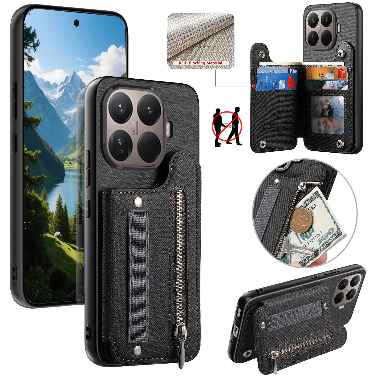 RFID Wrist Strap Zipper Wallet - Leather Wallet Card Holder Phone Cover review and price